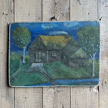 Charming Naive School Painting on Cottage amp Trees