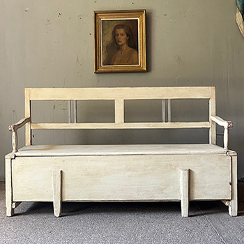 Modernist Antique Pine Box Bench in Old White