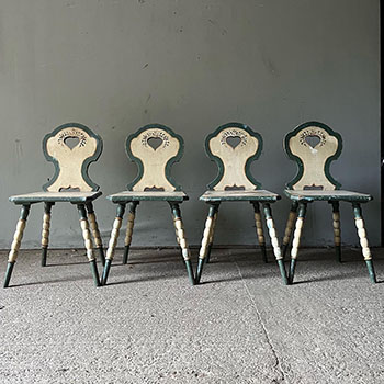 Set of 4 Folk Painted Peasant Chairs in Green amp Cream